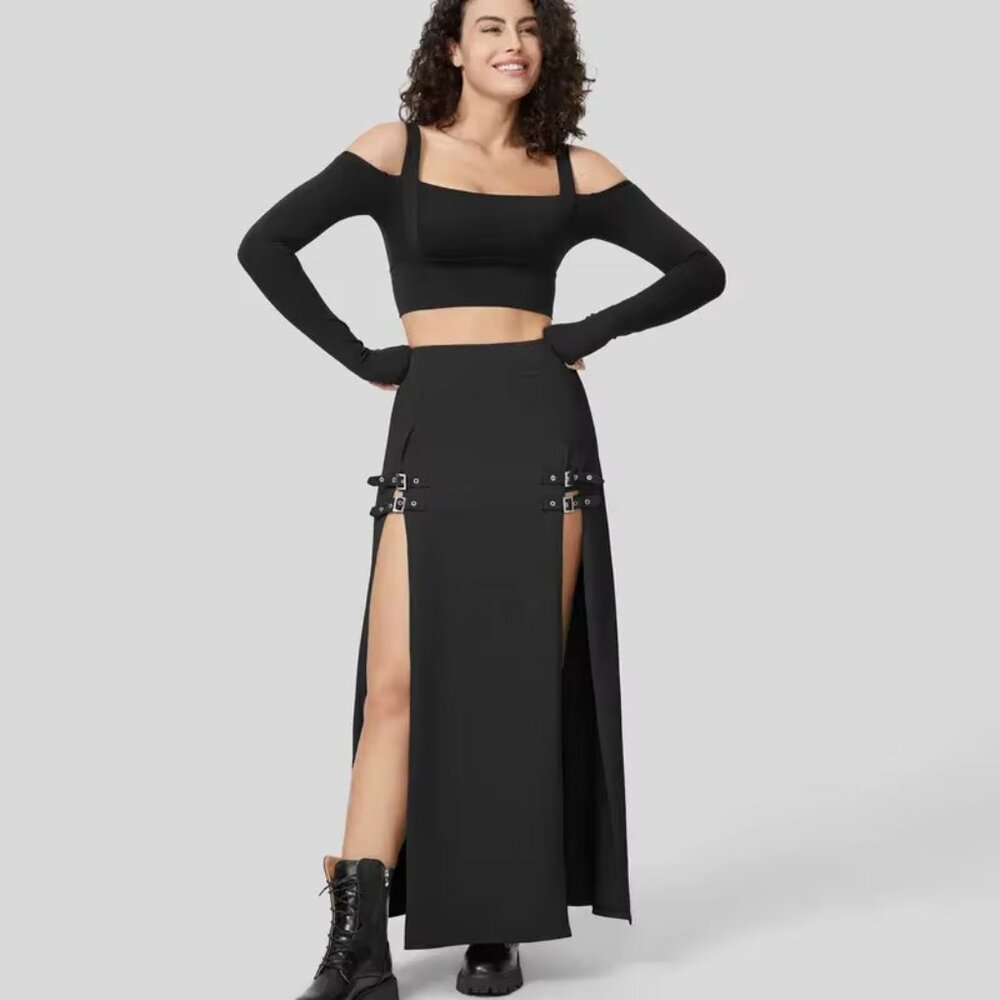 ✨ Halara High Waisted Decorative Buckle Split 2-in-1 Maxi Casual Skirt XL BLK ✨